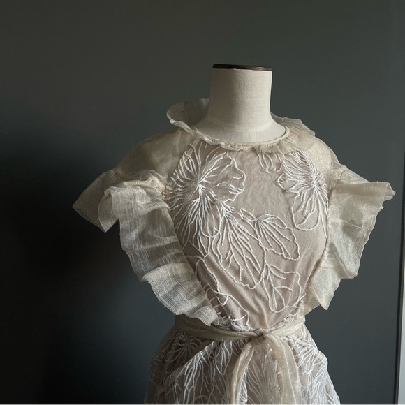 Elliatt Cream Lace Flutter Sleeve Mini Dress | Ruffle Bib | Wedding Guest - Picture 4 of 14